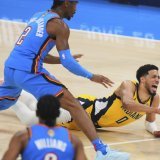 Tyrese Haliburton s'est gravement blessé lors de l'ultime acte de la finale NBA perdu dimanche contre Oklahoma City. KEYSTONE/AP/Nate Billings